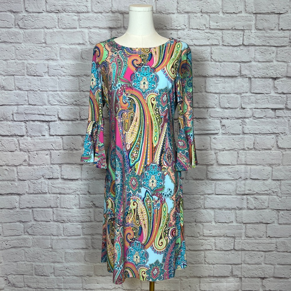 Tommy Hilfiger Women's 6 Multicolor Paisley 3/4 Sleeve Dress Boho Classic Bright